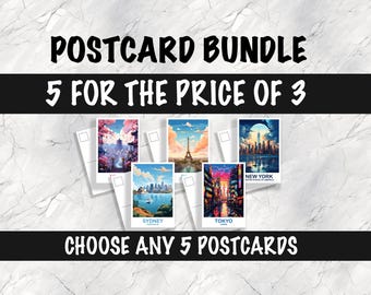 5 Custom Travel Postcards, Travel Postcard Set, Set of Five City Postcards, Any Five Locations, Personalized City Postcards, Travel Bundle