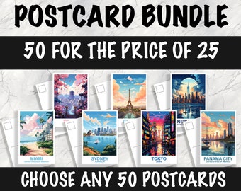 50 Custom Travel Postcards, Travel Postcard Set, Set of 50 City Postcards, Any 50 Locations, Personalized City Postcards, Travel Bundle