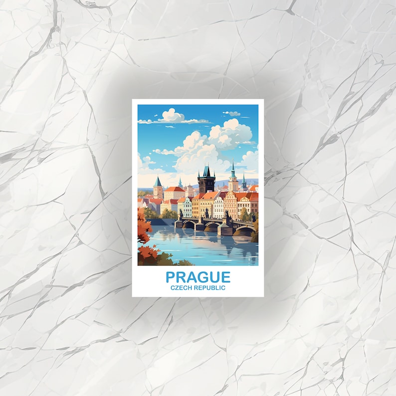 May include: A postcard featuring a colorful illustration of Prague, Czech Republic. The postcard shows the Charles Bridge with the Vltava River and buildings in the background. The text "PRAGUE" and "CZECH REPUBLIC" is printed on the postcard.
