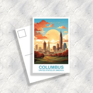 Carte postale de voyage de Columbus Ohio, carte postale d’art de voyage de Columbus, carte postale d’art de l’Ohio, carte postale d’horizon de la ville, carte postale d’art des États-Unis | T2NA_OHCO2_P