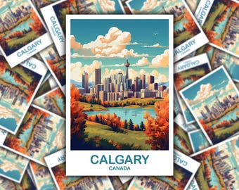 May include: A vintage-style postcard featuring a colourful illustration of the Calgary skyline with the Calgary Tower, a body of water, and autumn foliage. The text "CALGARY CANADA" is printed at the bottom of the postcard.
