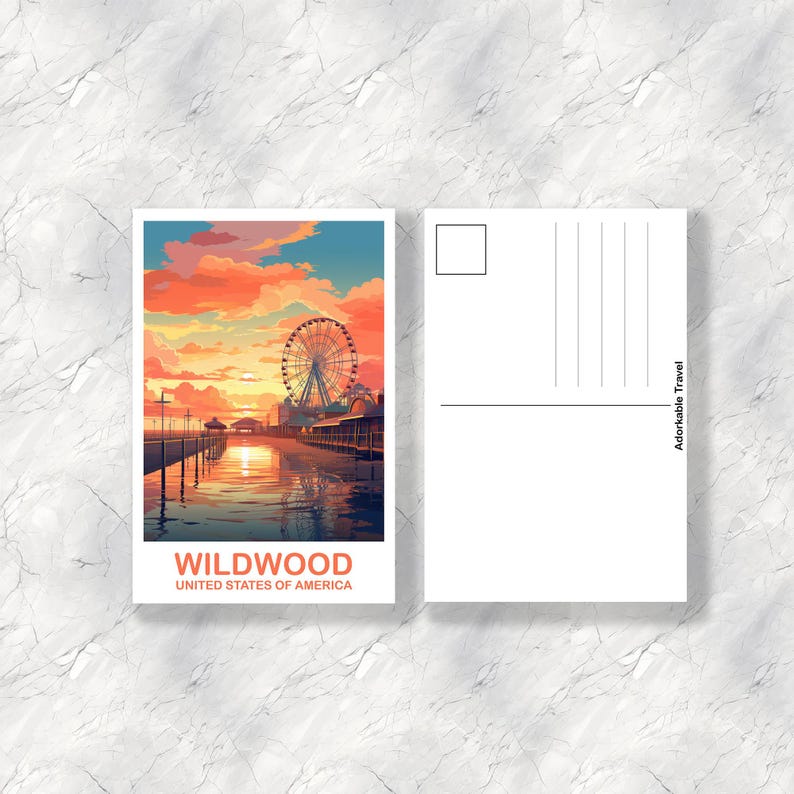 May include: A Wildwood, United States of America postcard featuring a sunset over a pier with a Ferris wheel. The postcard has a colorful illustration with the text "Wildwood" and "United States of America". The back of the postcard has lines for writing and a stamp box.