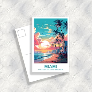 Postal de viaje de Miami Florida, Postal de arte de viaje de Miami, Postal de arte de Florida, Postal del horizonte de la ciudad, Arte de Miami Florida / T2NA_FLMI1_P