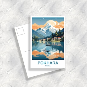 Carte postale de voyage au Népal Pokhara, carte postale de Pokhara, carte de voyage, carte postale de voyage paysage, carte postale de voyage en Asie, art de voyage en Asie | T2AS_NEPO1_P