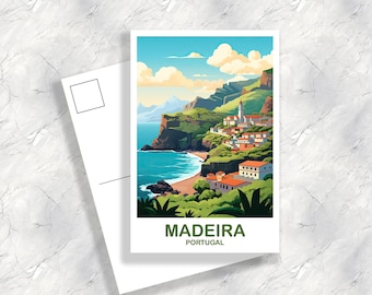 May include: A postcard featuring a colorful illustration of a coastal town in Madeira, Portugal. The postcard has a blue sky with white clouds, a green hillside with buildings, and a blue ocean with a sandy beach.