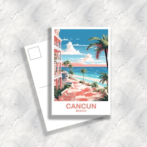 Könnte beinhalten: Eine Postkarte mit einer lebendigen Illustration von Cancun, Mexiko. Das Bild zeigt eine Strandszene mit Palmen, einem Resort und dem Text "CANCUN MEXICO". Die Postkarte befindet sich vor einem weißen Hintergrund.