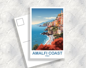 May include: A postcard featuring a colorful illustration of the Amalfi Coast in Italy. The postcard shows a seaside town with buildings on a cliff overlooking the blue water. The text "Amalfi Coast" and "Italy" is printed in blue at the bottom of the postcard.