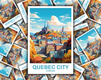 May include: A vintage-style postcard featuring a colorful illustration of Quebec City, Canada. The postcard shows a cityscape with buildings, a church, and trees in autumn colors. The text "QUEBEC CITY CANADA" is printed in blue at the bottom of the postcard.