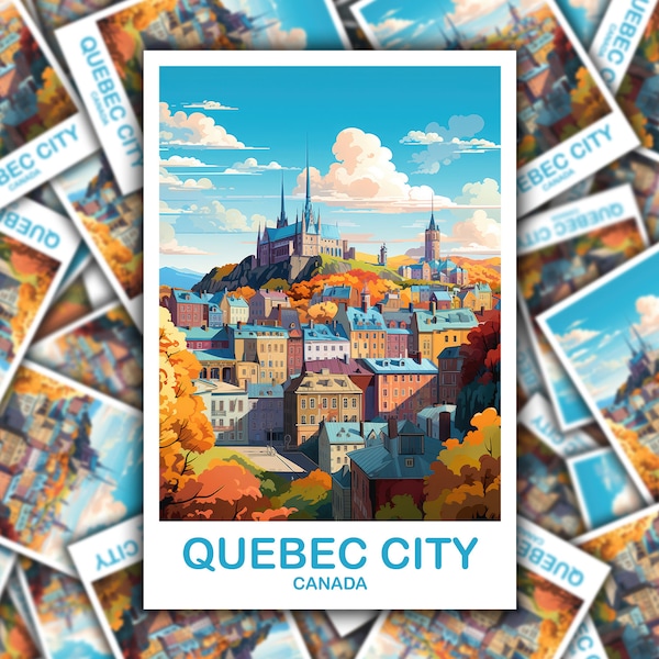 Naklejka podróżnicza Quebec City, Naklejka podróżnicza Quebec, Sztuka naklejki Quebec, Naklejka z panoramą miasta, Sztuka podróżnicza Kanady | T2NA_QUQC1_S