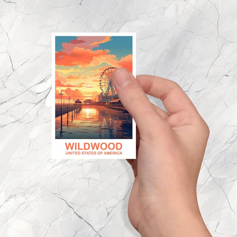 May include: A rectangular sticker featuring a vibrant illustration of Wildwood, New Jersey, at sunset. The image includes a Ferris wheel, pier, and the text "WILDWOOD UNITED STATES OF AMERICA". The sky is filled with orange and blue hues.
