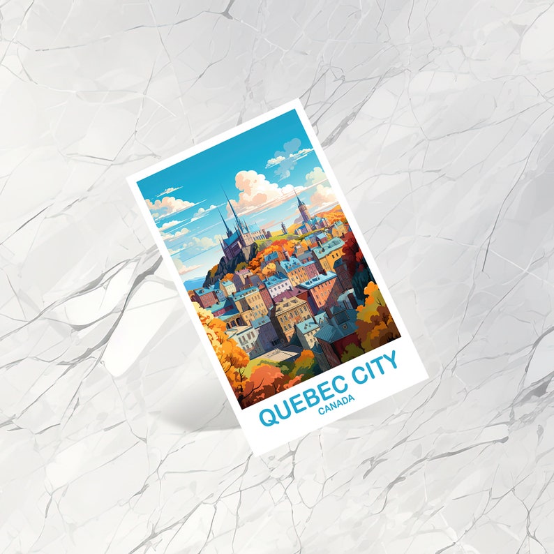 May include: A postcard featuring a colorful illustration of Quebec City, Canada. The postcard shows a cityscape with buildings, a church, and trees. The text "QUEBEC CITY CANADA" is printed on the postcard.