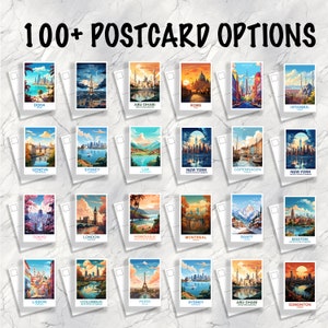 Op de afbeelding: Een verzameling ansichtkaarten met aquarel illustraties van verschillende steden, waaronder Parijs, Sydney en Tokio. De tekst "100+ POSTCARD OPTIONS" staat bovenaan. Elke ansichtkaart toont een ander stadsgezicht, met levendige kleuren en architecturale details.