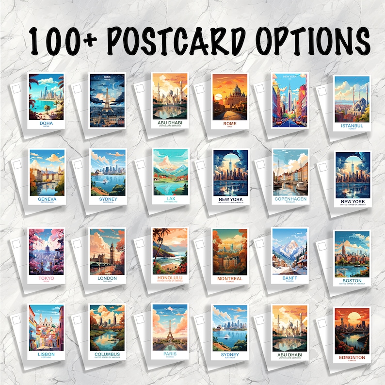 Op de afbeelding: Een verzameling ansichtkaarten met aquarel illustraties van verschillende steden, waaronder Parijs, Sydney en Tokio. De tekst "100+ POSTCARD OPTIONS" staat bovenaan. Elke ansichtkaart toont een ander stadsgezicht, met levendige kleuren en architecturale details.