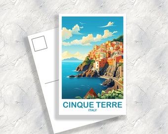 May include: A postcard featuring a colorful illustration of the Italian village of Cinque Terre, with buildings perched on a cliff overlooking the blue sea. The postcard reads "Cinque Terre, Italy".