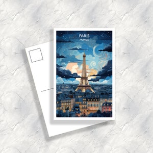 Postal de viaje de París, Horizonte de París, Postal de París, Impresión de arte de París Francia, Postal de la Torre Eiffel, Atardecer del horizonte de la ciudad / T1EU_FRPA1_P