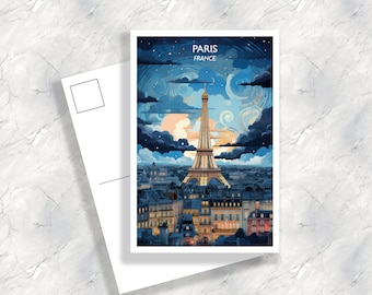 Paris Travel Postard, Paris Skyline, Paris Postcard, Paris France Art Print, Eiffel Tower Postcard, City Skyline Sunset | T1EU_FRPA1_P