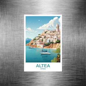 May include: A rectangular print featuring a coastal landscape of Altea, Spain, with white buildings on a cliffside, a blue sea, a sailboat, and a clear sky with clouds. The text ALTEA SPAIN is printed in blue at the bottom of the white-bordered image.