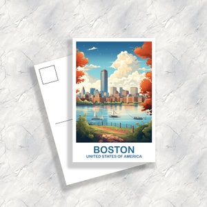Postal de viaje de Boston Massachusetts, postal de arte de la pared de Boston, horizonte de la ciudad, arte de viaje de Boston, postal de viaje de Boston / T2NA_MABO2_P