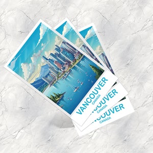 May include: Three postcards stacked on top of each other. The top postcard shows a colorful illustration of the Vancouver skyline with mountains in the background. The text "VANCOUVER CANADA" is printed on the bottom right corner of the postcard.