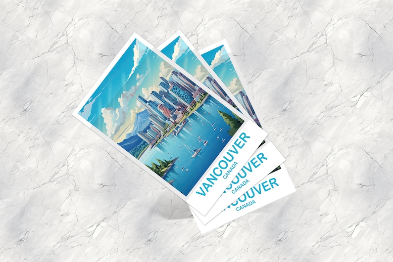 May include: Three postcards stacked on top of each other. The top postcard shows a colorful illustration of the Vancouver skyline with mountains in the background. The text "VANCOUVER CANADA" is printed on the bottom right corner of the postcard.