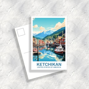 Carte postale de voyage Ketchikan en Alaska, Carte postale Ketchikan, Art de voyage en Alaska, Carte postale de l'Alaska, Art Ketchikan, Carte postale de voyage | T2NA_ALKE1_P