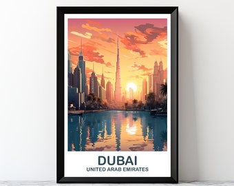 Art mural numérique de voyage à Dubaï, horizon de Dubaï, art de Dubaï, art mural horizon de la ville, coucher de soleil vibrant, art mural de voyage imprimable | DT2AS_UAEDU2
