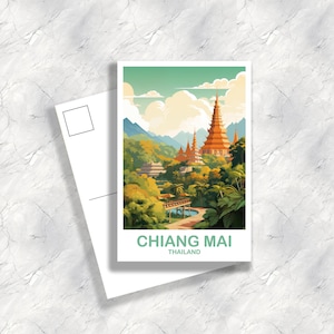 May include: A postcard featuring a vibrant illustration of Chiang Mai, Thailand. The image showcases golden-roofed temples nestled amidst lush green foliage and mountains under a bright sky. The text "CHIANG MAI THAILAND" is displayed at the bottom.