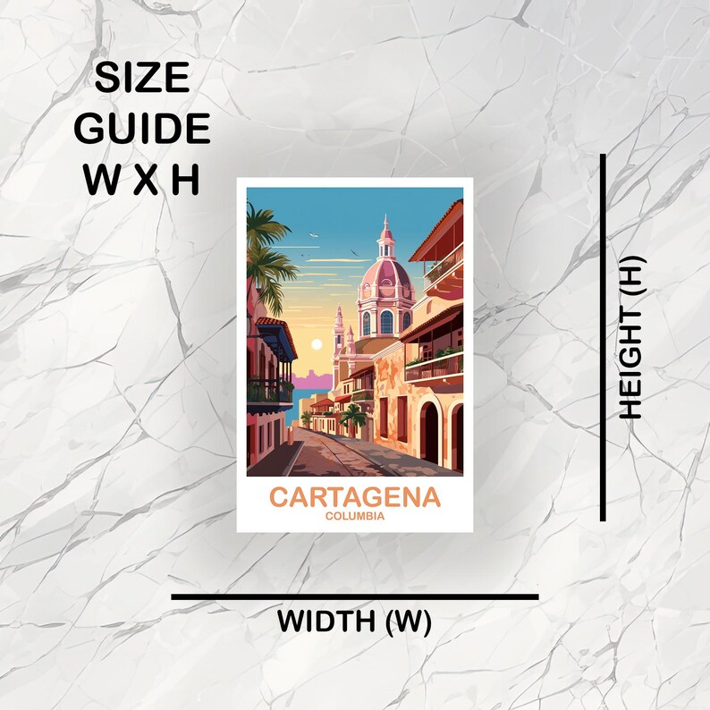 May include: A colorful illustration of a cityscape with a church in the background. The text 'CARTAGENA' and 'COLUMBIA' are displayed below the image.
