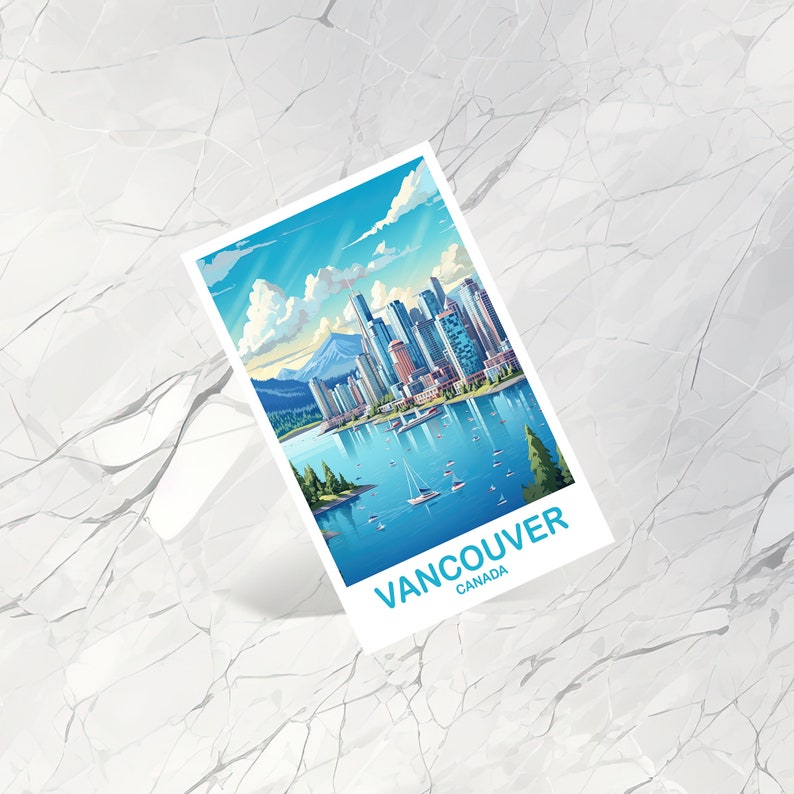 May include: A postcard featuring a colorful illustration of the Vancouver skyline with the text "Vancouver, Canada" at the bottom.