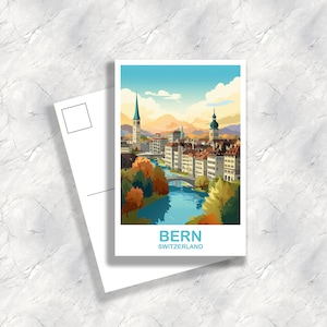 May include: A postcard featuring a colorful illustration of Bern, Switzerland. The image depicts a river flowing through the city, with buildings, bridges, and trees in autumn colors. The text "BERN SWITZERLAND" is at the bottom.