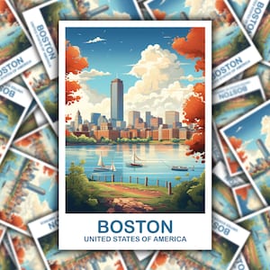 Adesivo de viagem de Boston Massachusetts, adesivo de arte de parede de Boston, arte do horizonte da cidade, adesivo de viagem de Boston, adesivo de viagem de Boston | T2NA_MABO2_S