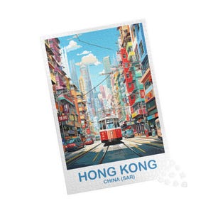 May include: A colourful jigsaw puzzle depicting a Hong Kong street scene. A red tram travels along tracks, flanked by multi-coloured buildings. The puzzle includes the text "HONG KONG CHINA (SAR)", offering a glimpse of the city's urban landscape.
