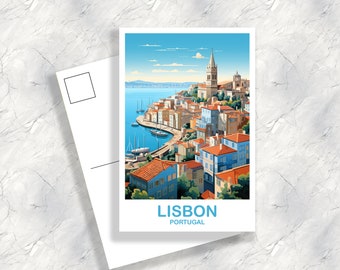 May include: A postcard featuring a colorful illustration of Lisbon, Portugal. The postcard shows a cityscape with buildings, a church, and a harbor with boats. The text "LISBON PORTUGAL" is printed at the bottom of the postcard.