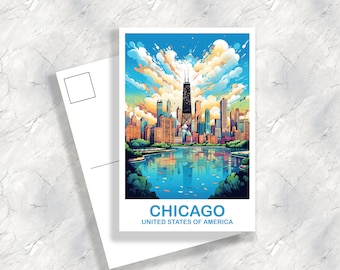 Art de carte postale de voyage à Chicago, carte postale de voyage dans l'Illinois, carte postale sur les toits de la ville, carte postale de voyage aux États-Unis, carte postale de voyage | T2NA_ILCH1_P