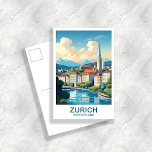 Arte de postal de viaje de Zúrich, arte de postal de Zúrich, Suiza, arte de postal de Suiza, arte de atardecer con horizonte de la ciudad / T2EU_SWZU1_P