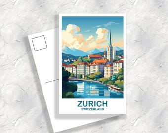 Carte postale de voyage à Zurich, Cartes postales d'art Zurich Suisse, Carte postale d'art Suisse, Art de coucher de soleil sur les toits de la ville | T2EU_SWZU1_P