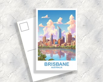 May include: A postcard featuring a colorful illustration of the Brisbane skyline with the text "BRISBANE AUSTRALIA" at the bottom.