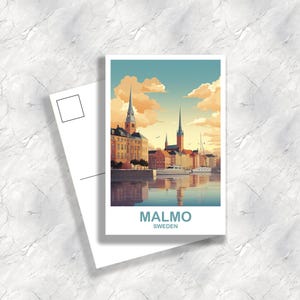 May include: A postcard with a colourful illustration of Malmö, Sweden. The image shows a waterfront scene with buildings, boats, and a blue sky with clouds. The word "MALMO" is printed in white, with "SWEDEN" below.