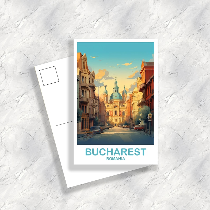 May include: A vintage-style postcard featuring a colorful illustration of a street in Bucharest, Romania. The street is lined with buildings and a church with a blue dome is visible in the distance. The text "BUCHAREST ROMANIA" is printed at the bottom of the postcard.