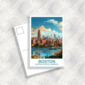 Carte postale de voyage de Boston Massachusetts, carte postale d’art mural de Boston, horizon de la ville, art de voyage de Boston, carte postale de voyage de Boston | T2NA_MABO1_P