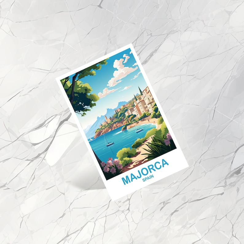 May include: A postcard with a colorful illustration of a coastal town in Majorca, Spain. The postcard features a blue sky with white clouds, a turquoise blue sea, green trees, and a white building with a red roof. The text on the postcard reads "MAJORCA SPAIN".