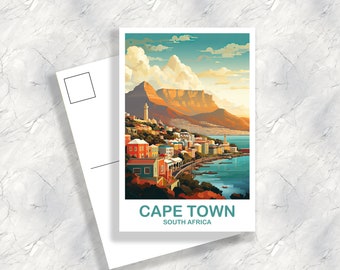Cartolina di viaggio di Città del Capo, Skyline di Città del Capo, Cartolina d'arte del Sud Africa, Arte dello skyline della città, Arte di viaggio, Arte cartolina dell'Africa / T2AF_SFCT1_P