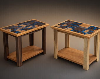 Handcrafted Walnut & Cherry End Table with Blue Epoxy Inlay – Modern Artisan Furniture
