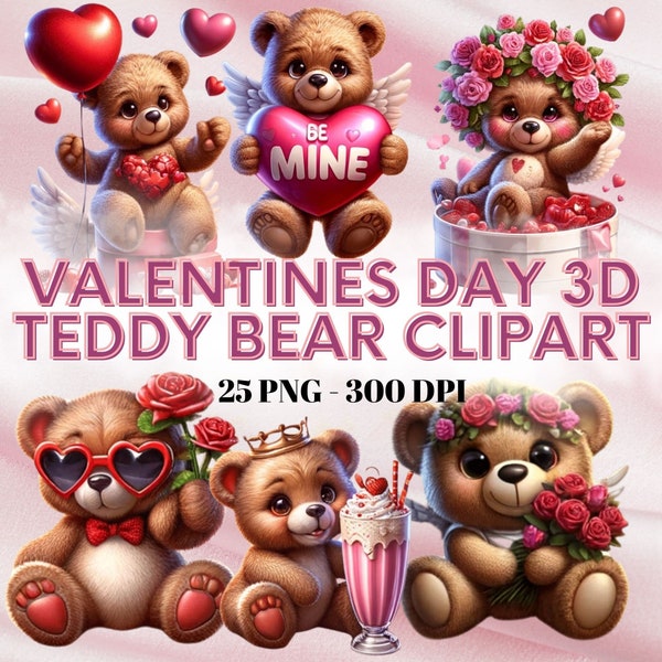 Valentines Day 3D Teddy Bear Clipart, Classroom Valentines, Cute Bear Design PNG, Love Clipart, Pink Teddy Bear, Teddy Bear Valentine