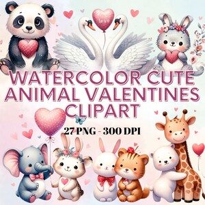 Whimsical Valentine&#39;s Day Animal Clipart Bundle - 27 PNG Watercolor Designs, Cute Bears, Commercial License