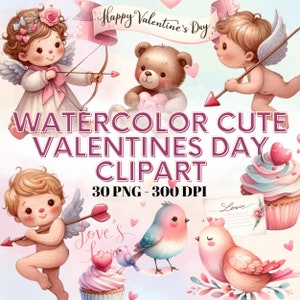 Watercolor Cherub Valentine&#39;s Clipart: 30 PNG Images (Commercial Use)