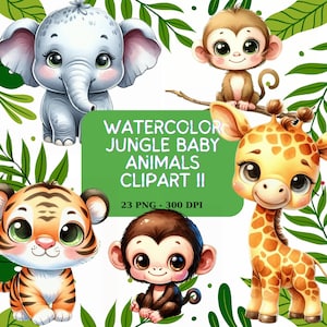 Entzückende Aquarell Dschungeltiere für Baby Kinderzimmer Dekor, niedlichen Safari Clipart Set, perfekt für Baby Shower Einladungen