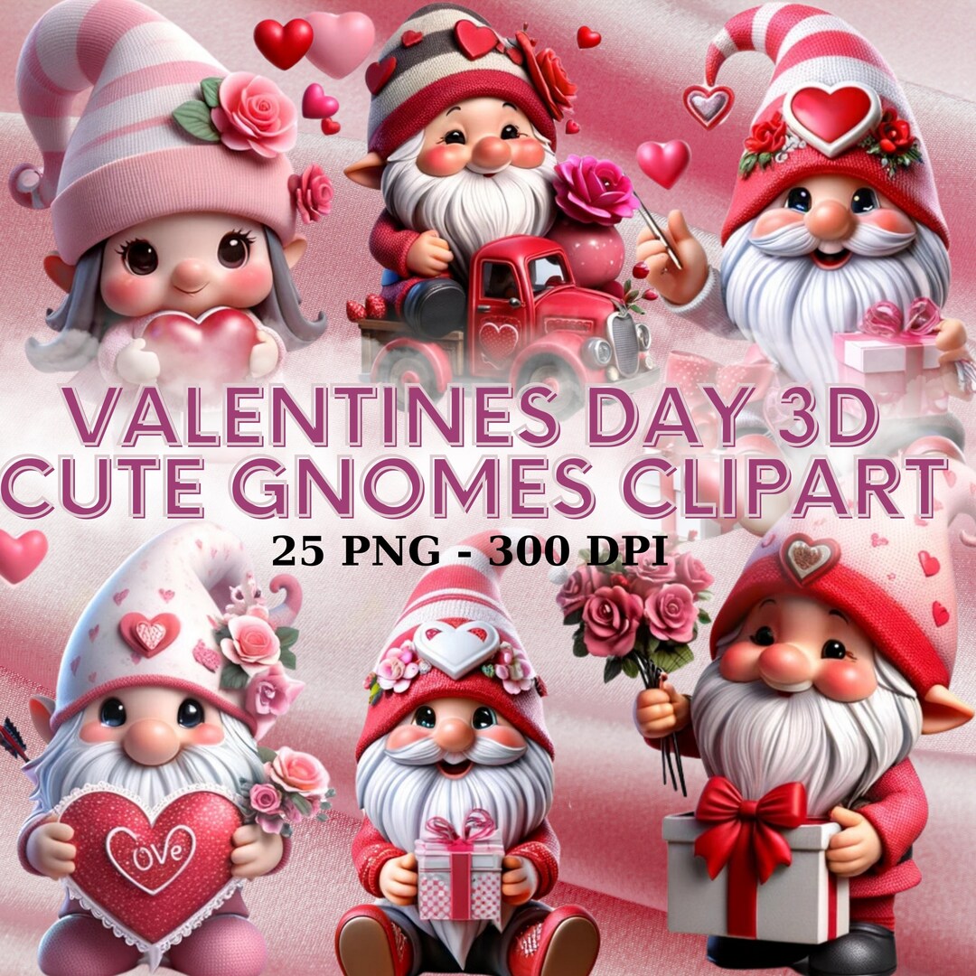 Valentines Gnomes 3D Clipart - Cute Pink Gnome Graphics, Love Design ...