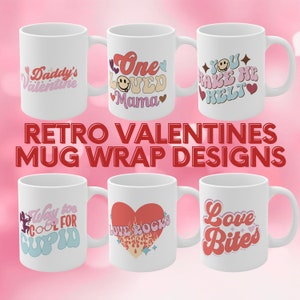 Retro Valentine&#39;s Day Mug Set with PNG, Couples&#39; Gift, Coffee Cup Wrap, Love Phrase Bundle