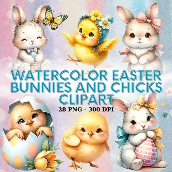 Clipart aquarelle lapin de Pâques et poussin, lot de Pâques, bébés animaux mignons, PNG & SVG, lapin, œufs, poussin, décoration de chambre d'enfant, usage Commercial